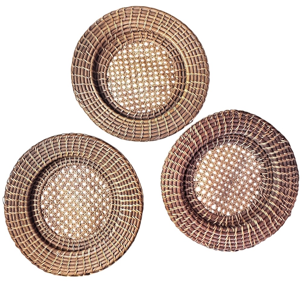 Vintage Woven Rattan Wicker Plate Chargers Set of 3 Brown Boho Wall Decor 13in